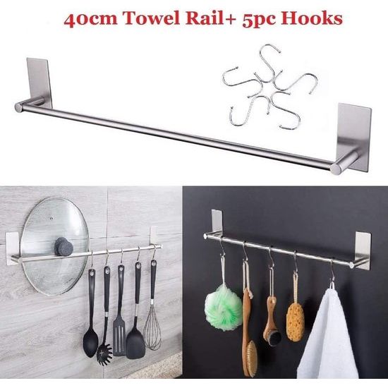 Towel Rail 5 Hooks No Drilling Kitchen Rail Hanging Rail Self-Adhesive Towel Holder Bathroom and Kitchen No Drilling Stainless Steel 40 cm (2)