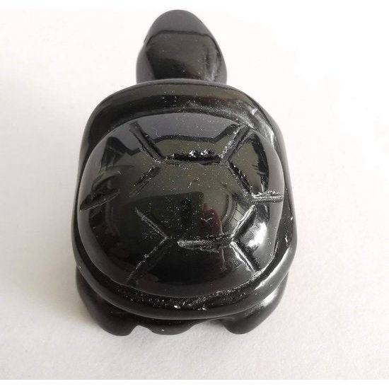 Handgesneden stenen kristallen schildpad, 40 mm klein schildpad dierenbeeldje tas standbeeld sculptuur, zwarte obsidiaan.