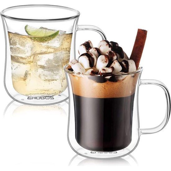 Latte Macchiato glazen, 350 ml, dubbelwandige glazen, set koffieglazen van borosilicaatglas, theekopjes met handvat, cappuccino kopjes voor koude en warme dranken, 11 x 9,2 cm