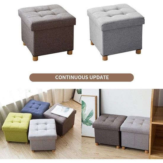 Zitkist, zitkruk, opvouwbare voetenbank met opbergruimte en deksel met houten poten, lichtgrijs, 38 x 38 x 38 cm