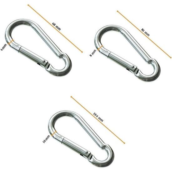 Karabijnhaakset (60 mm, 80 mm, 100 mm) met kliksluiting van hoogwaardig premium staal voor kamperen, wandelen, sleutelhangers, karabijnhaken van 120 kg tot 350 kg