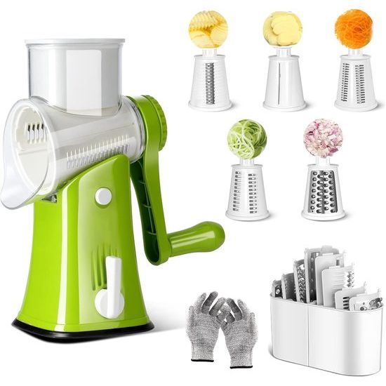 Trommelrasp, 5-in-1 kaasrasp met zwengel en 10 roestvrijstalen verwisselbare messen, handmatige groentesnijder, keukenrasp voor salade, noten, fruit, pizza (snijbestendige handschoenen)