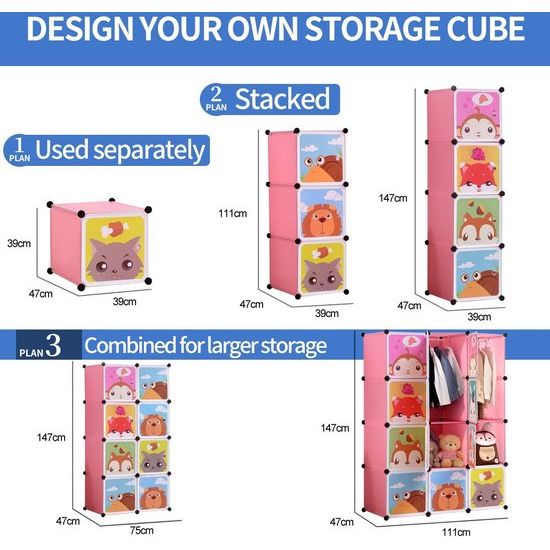 Uitbreidbaar kinderrek kinderkledingkast traprek boekenrek met deuren, diepere vakken dan normaal (45 cm vs. 35 cm), 110 x 47 x 110 cm roze