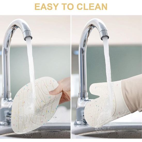 Ovenhandschoenen, set van 1 paar siliconen en katoen, antislip, hittebestendige ovenhandschoenen, ovenhandschoenen voor keuken, koken, bakken, grillen, BBQ, met 1 pannenlap