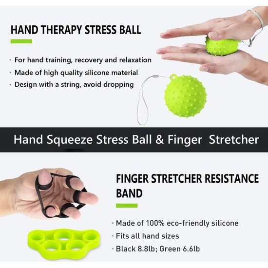 Handtrainer vingertrainer, handtrainingsapparaat kit (7 stuks), instelbare weerstand grip krachttrainer, vingerstrekker, anti-stress bal, trainingsring, massagebal voor recreatie en atleten