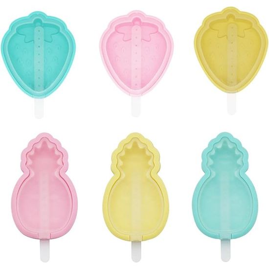 Set van 6 siliconen ijsvormpjes, stapelbare ijsvormpjes, diverse kleuren, ijsvormpjes, set BPA-vrije ijsvormpjes met deksel, ijsvormpjes (3 ananas + 3 aardbei)