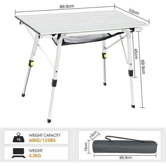 Campingtafel, opvouwbaar, in hoogte verstelbaar, klaptafel, aluminium, 90 x 53 cm, voor 4 personen, gemakkelijk op de camping, inklapbare vouwtafel