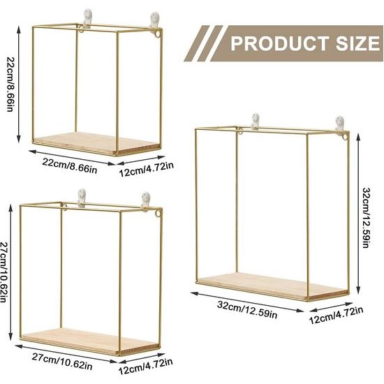 Set van 3 metalen wandplanken, Europees geometrisch lijndesign, wandrek met houten planken, industrieel design, zwart/goud, zwevend rek voor slaapkamer, woonkamer, hal (goud)