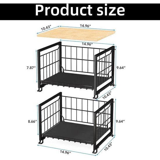 2-laags fruitschaal zwarte fruitmand metalen draadmand zwarte opbergmand stabiliteit fruitmand draadmand groot met houten deksel aanrecht, organizer voor snacks, fruit en groenten 37,5*26*48 cm