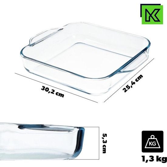 KADAX - Bakvorm/Ovenschaal van glas - transparant, robuuste cakevorm met dikke bodem - ovenschaal geschikt voor elektrische en gasfornuizen, bakvorm voor pizza - Vierkant 30 x 25 cm