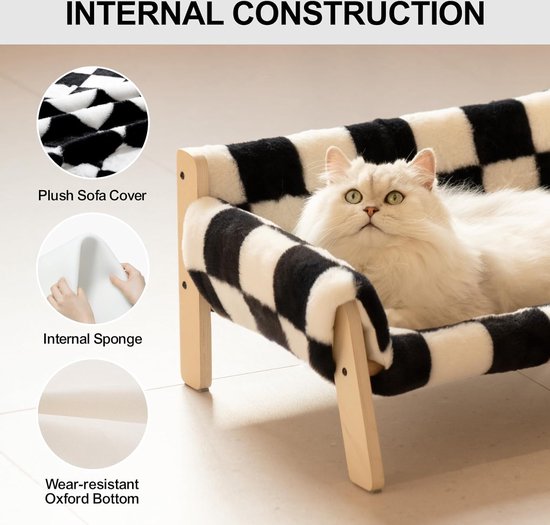 Verhoogde kattenslaapbank van hout, 56x45cm Robuuste grote kattenbank - Modieuze kattenstoel met afneembare matrashoes Houdt 10 kg (dambord, 56x45cm)
