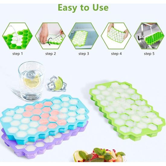 IJsblokjesvorm, set van 3 stuks, silicone, met deksel, eenvoudige ijsvrijgave, ijsblokjesvorm, BPA-vrije ijsblokjeshouder voor cocktails, whisky, sap, water en andere dranken