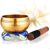 UNIDEAL Tibetaanse klankschaalset, Singing Bowl uit Tibet met klepel en klankschaalkussen, wordt geleverd met 2 belofte koperen ornamenten, handgemaakt in Nepal, voor yoga meditatie, ontspanning