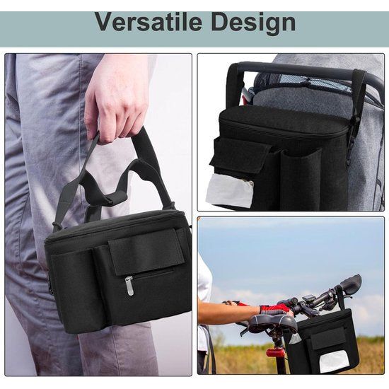 Organizer met bekerhouder/dispenser voor natte doekjes, kinderwagentas, buggy-organizertassen met ritsvak, schouderbanden, reistassen voor luiers, doekjes, mobiele telefoons, zwart