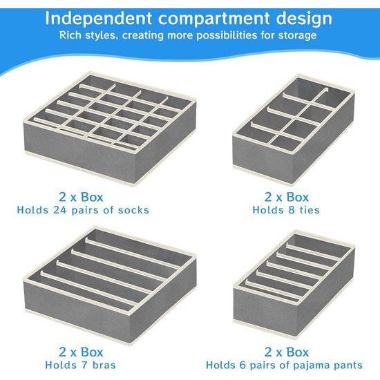 Lade-organisatiesysteem, opbergdozen voor ondergoed, set van 8, opvouwbare lade-organizer-lade, voor het opbergen van sokken, stropdassen, pyjamabroeken en andere accessoires