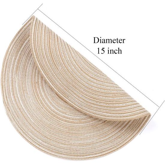 Set van 6 ronde geweven katoenen handgemaakte placemats afveegbare placemats glitter voor vakantiefeest, bruiloft