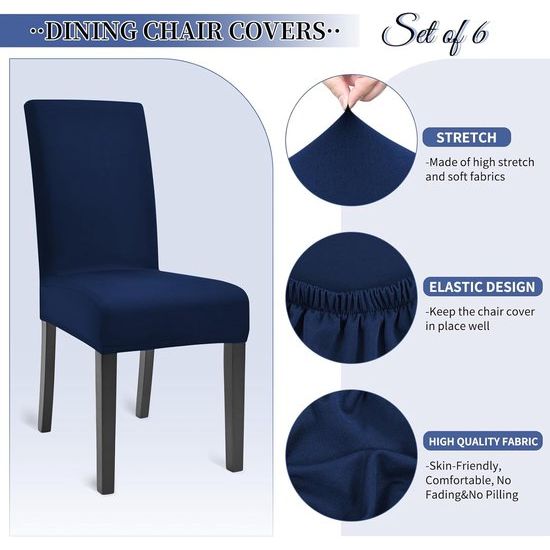 Stoelhoezen voor eetkamerstoelen, eetkamerstoelen, set van 6, stretch, eetkamerstoelhoezen, spandex, afneembaar, wasbaar, voor keuken, hotel, eetkamer (marineblauw)