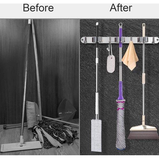 Mophouder RVS wandmontage bezem gereedschapshouder met 4 haken en 3 snelsluitingen voor thuis keuken badkamer garage tuin