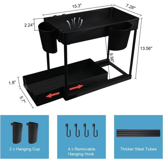 2 verdiepingen keukenrek, organizer, multifunctioneel opbergrek, onderkast, spoelkast, afneembaar, badkamerorganizer, 40 x 22 x 33 cm (zwart)