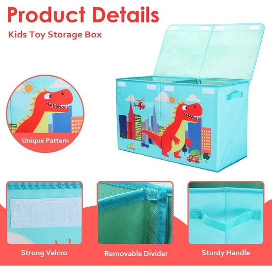 Storage Box with Lid for Children, Large Foldable Oxford Toy Box with Handle for Boys, Waterproof, Robust Toy Storage in Children's Room, 65 x 30 x 40 cm (Red Dinosaur)