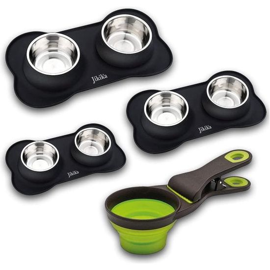 Hondenbak, voerbak, kattenbak met dubbele bak in roestvrijstalen bodem van antislip siliconen, set kom voor voer, kattenbakken, water en voer met maatlepel - 200 ml zwart