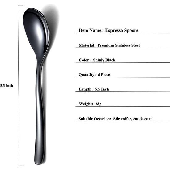 zwarte espressolepels, 5,5 inch mini-koffielepels, kleine roestvrijstalen lepels, theelepel voor desserts, set van 6, vaatwasmachinebestendig