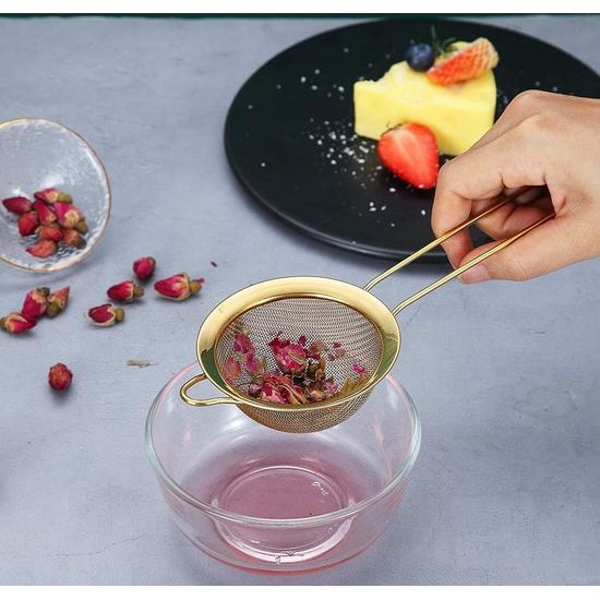 Gold Fine Mesh Zeef 3-delige set, Golden Flour zeef om te bakken, roestvrij stalen clander, gouden matcha theezeef, sausscheider, Stasher zeef