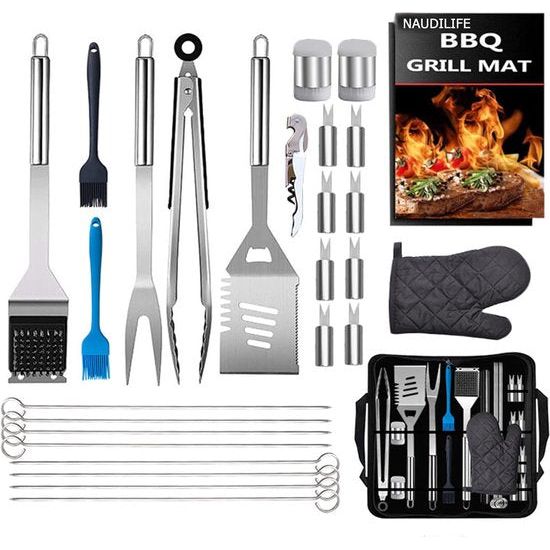 Grillbestek, gereedschapset, barbecue-accessoires, cadeau voor mannen met handschoenen en grillmat, van hoogwaardig roestvrij staal, voor tuin en camping, voor mannen en vrouwen, 28 stuks