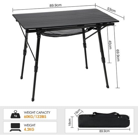 Campingtafel, opvouwbaar, in hoogte verstelbaar, klaptafel, aluminium, 90 x 53 cm, voor 4 personen, gemakkelijk op de camping, inklapbare vouwtafel