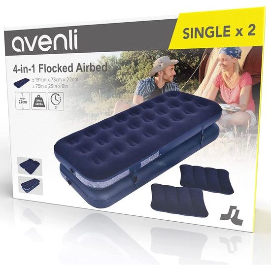 Avenli Opblaasbaar 4-in-1 luchtbedset, campingmatras, inclusief 2 kussens, 2 x 191 x 73 x 22 cm