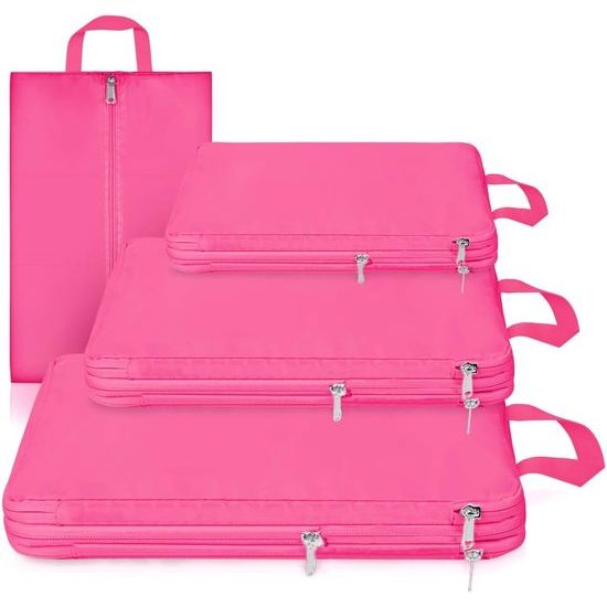 Kofferorganizerset, ultralichte verpakkingstassen met compressie, S, M, L, XL verpakkingsblokjes, compressietas voor kleding en schoenen, kledingtassen als bagage-organizerset, rozerood