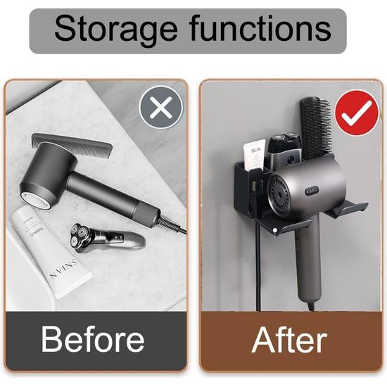 Föhnhouder voor aan de muur, zonder boren, zwart, föhnhouder met stekkerhouder en opslag, zelfklevende föhnhouder van ABS voor badkamer, barbershop, hotel