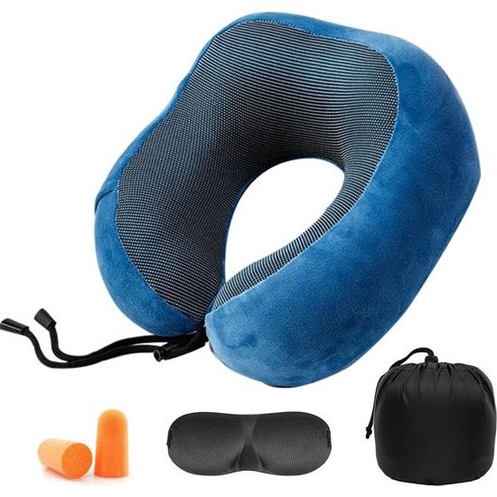 Nekkussen set met 3D slaapmasker en oordopjes - afneembare overtrek - traagschuim - ritssluiting - incl. opbergtas - reiskussen - kleur naar keuze (blauw)