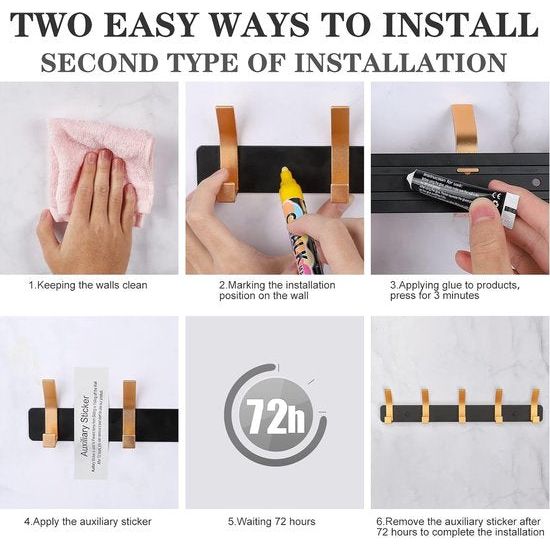 Kapstokhaken, zwart en goud, met 5 haken, deurhaken voor badkamer, keuken, woonkamer en hal