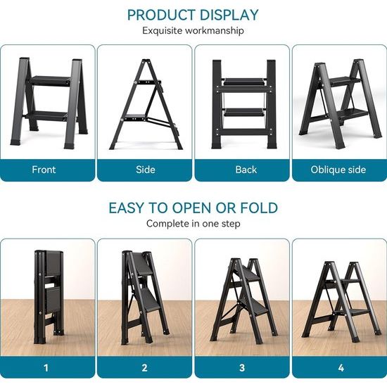 Trapladder, 2 treden inklapbaar aluminium vouwtrap, trapladder met breed anti-slip pedaal, draagbare vouwladder, opvouwbaar, huishoudelijk opstap, lichte staande ladder tot 150 kg, zwart