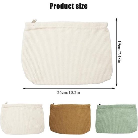 Cosmetische tas, corduroy, cosmeticatasje, stoffen cosmeticatasje met ritssluiting, make-uptas, make-up-organizer voor meisjes en dames, melkwit, kaki, groen (25 x 18 x 5 cm), melkwit, kaki,