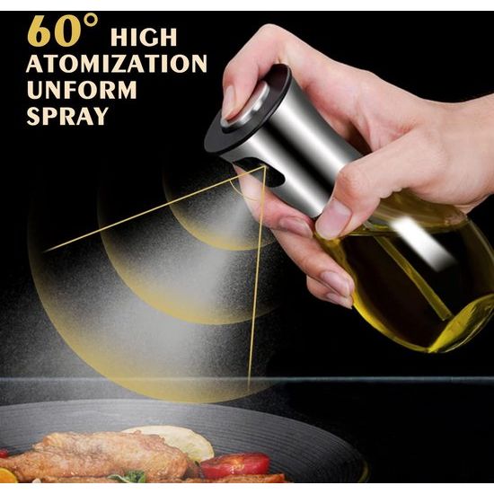 Oliesproeier voor spijsolie, spuitfles, olie, glas, roestvrij staal, oliespray voor het koken, olijfolie, oliedispenser, verstuiver, oliespray, levensmiddelecht, caloriearm, voor
