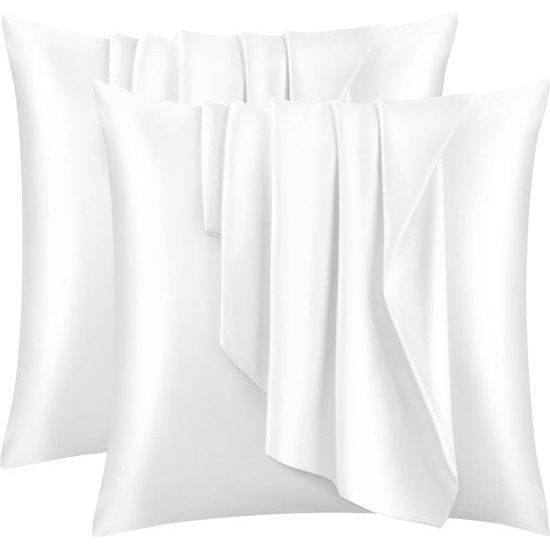 Set van 2 satijnen kussenslopen 80 x 80 cm, premium hoofdkussenslopen, zacht, vergelijkbaar met zijden kussensloop, haar- en huidverzorging, zijdeachtig, met ritssluiting, wit