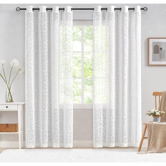 White Semi-Transparent Lace Curtain, Modern Embroidery Curtains with Eyelets, Crochet Knitting Curtain with Leaf Pattern for Living Room, Farmhouse, Bedroom, 2 Pieces, W 140 x H 180 cm