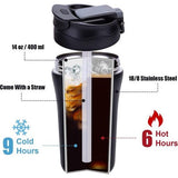 Thermische mok, koffiemok voor onderweg, 400 ml, set van 2, roestvrij staal, lekvrije reismok met rietje, dubbelwandige geïsoleerde mok voor koffie, thee, glühwein, warm en koud, zwart en wit