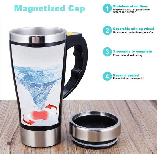 Electric Self Stirring Coffee Mug, 450ml, Stainless Steel Automatic Magnetic Cup, Automatic Mixing Cup for Coffee, Tea, Hot Chocolate, Milk, Cocoa, Protein, Black