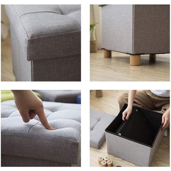 Zitkist, zitkruk, voetenbank met opbergruimte en deksel met houten poten, 38 x 38 x 40 cm, grijs