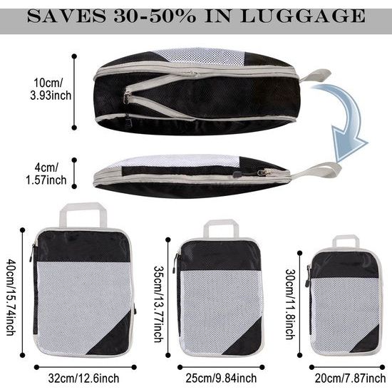 Kofferorganizer Packing Cubes Compressie Kofferorganizer Set Waterdichte kofferorganizer Verpakkingstassen voor koffers Reisbenodigdheden Uitbreidbare reispakketorganizer voor handbagage, Zwart,