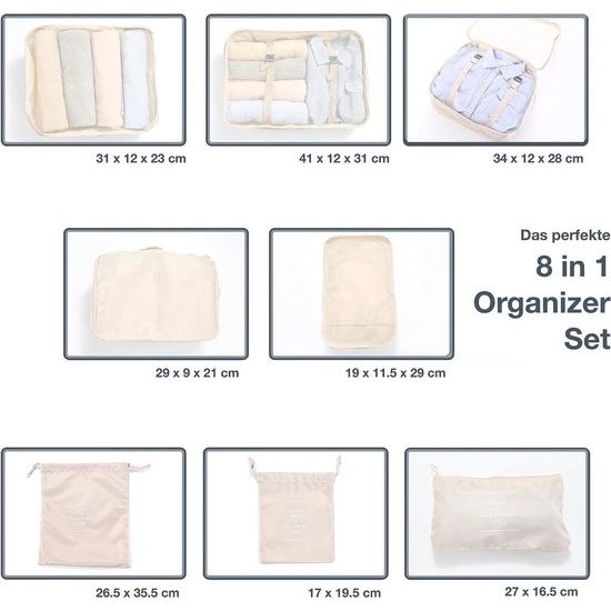 Set van 8 kofferorganizers Beige - met make-uptasje - inpaktassen - inpakblokjes - reisorganizer en kledingtassen voor op reis