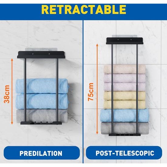 Handdoekrek voor de badkamer, handdoekhouder zonder boren, handdoekhouder, wandmontage, roestvrij staal, hoge capaciteit, gastendoekhouder voor opslag, kan tot 9 grote badhanddoeken bevatten
