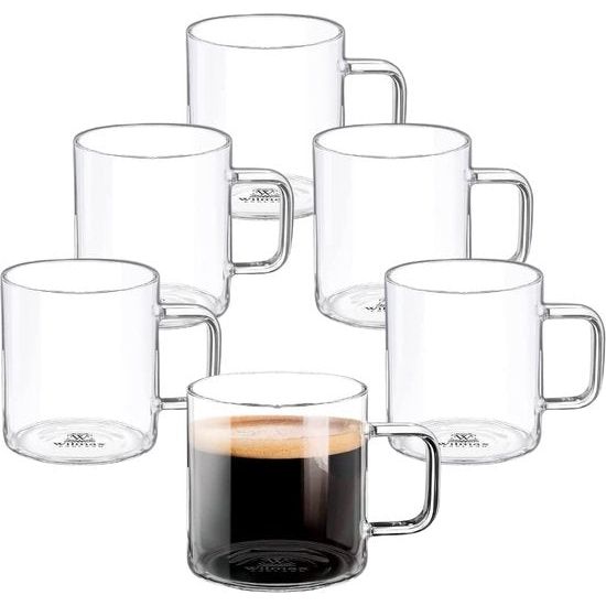 Theeglazen en koffieglazen met handvat, glazen voor warme en koude dranken, koffiemokken, glühweinglazuur, sapglazen, waterglas, glazen kopjes, vaatwasmachinebestendig, set van 6, 400 ml