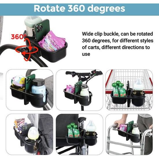 Drankhouder, kinderwagen met opbergdoos en smartphonehouder, universele flessenhouder voor fiets, 360° rotatie, bekerhouder voor elektrische scooter, winkelwagen, rolstoel, rollator, babyzitje