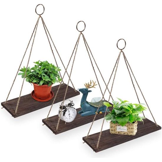 3 stuks houten wandrek met touw, hangrek, zwevende planken, hout, hangrek, wandschommel, opbergrekken, jute touw, organizerrek, bruin hout