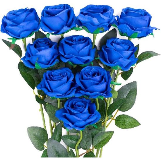 10 stuks zijden kunstrozen, bruidsboeket, bloemen (blauw)