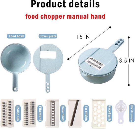 Groentesnijder, groenteschaaf, ui, hakmolen, komkommerschaaf, groentensnijder, rasp, groenrasp met houder, 5 messen, instelbaar, blauw